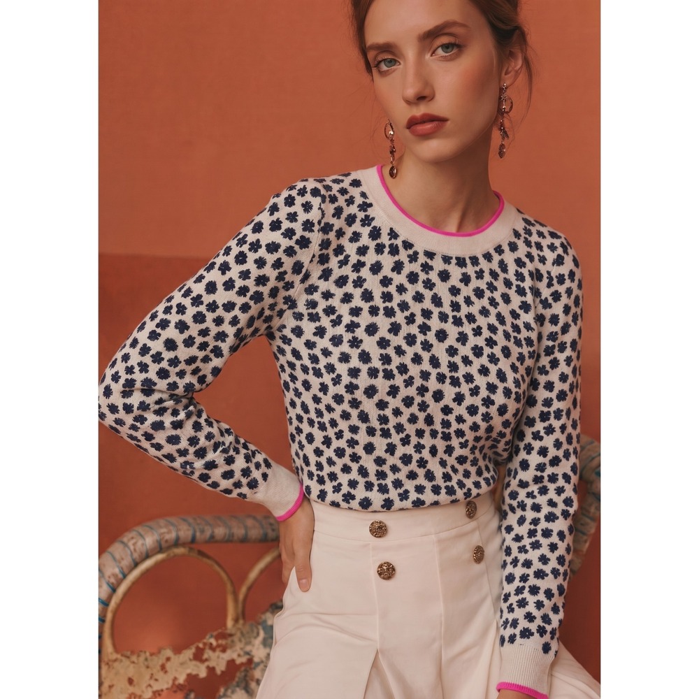 J.Crew Womens 100% Cashmere Floral Pink Trim Crewneck Sweater Size XS